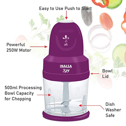 Inalsa Joy-250 Watts Electric Chopper with Copper Motor, Chop, Mince, Puree, Whisk, 850 ml Capacity, One Touch Operation, 1.30mtr Long Power Cord Inalsa Joy-250 Watts Electric Chopper with Copper Motor, Chop, Mince, Puree, Whisk, 850 ml Capacity, One Touch Operation, 1.30mtr Long Power Cord